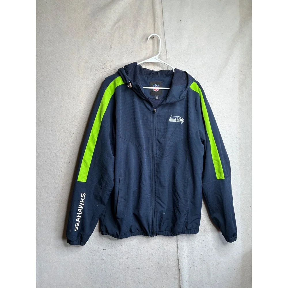 NFL Seattle Seahawks Windbreaker Jacket Navy Blue Neon Green Full Zip Hooded L